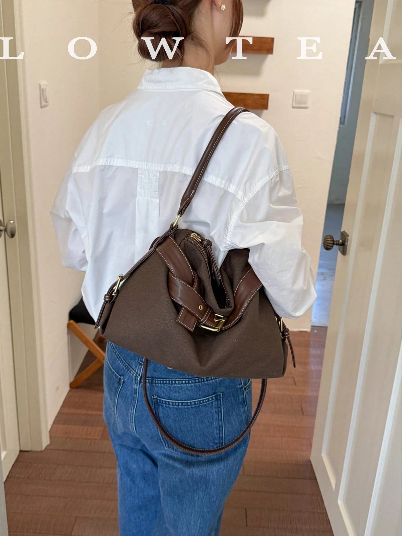 low tea 1pc Minimalist Fashion Buckle Strap PU Fabric Shoulder Bag, Suitable For Commuting, Shopping And More