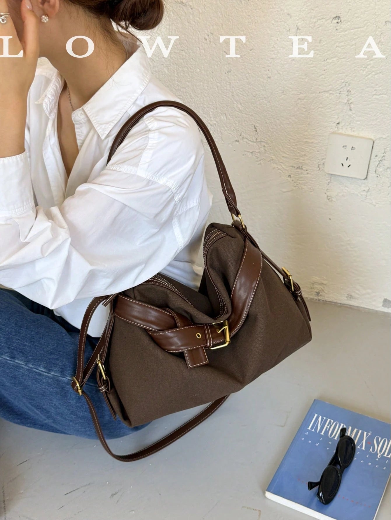 low tea 1pc Minimalist Fashion Buckle Strap PU Fabric Shoulder Bag, Suitable For Commuting, Shopping And More