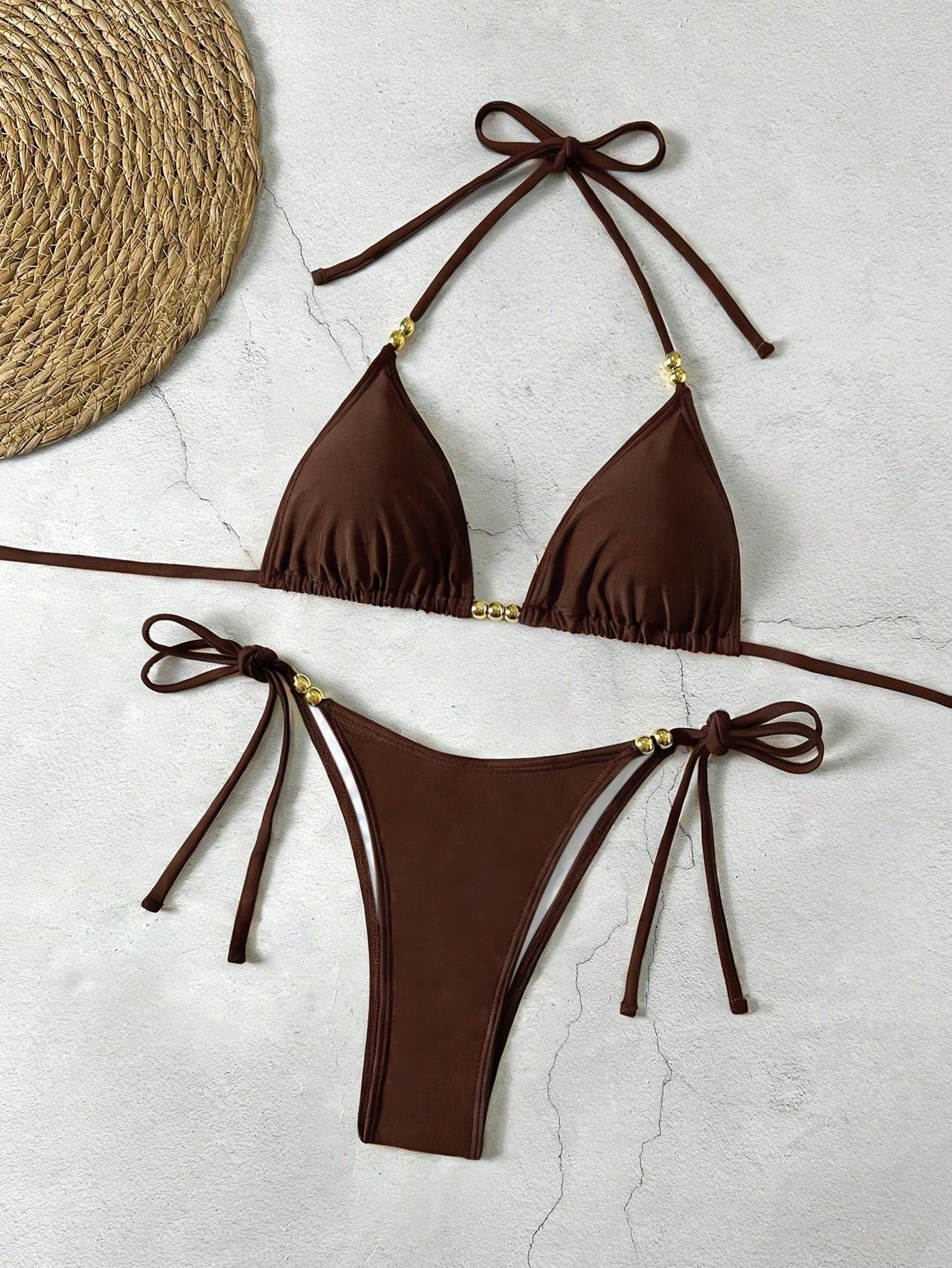 Lucky Girl Summer New Women's Black Beaded Tie Two Pieces Swimwear Set, Beach Holiday Vacation