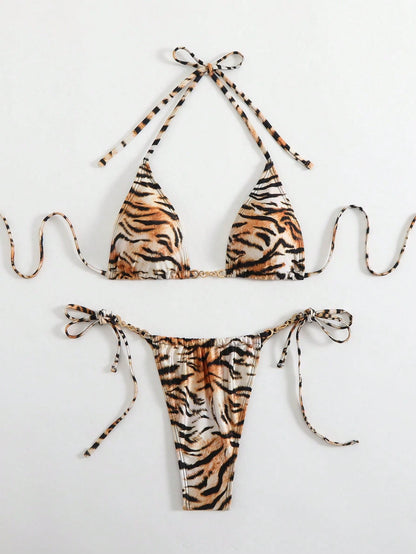 LUCKY HOLIDAY Fashionable Sexy Summer Beach Tie Strap Floral Print Triangle Bikini Swimwear Set Vacation
