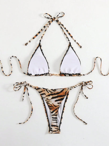 LUCKY HOLIDAY Fashionable Sexy Summer Beach Tie Strap Floral Print Triangle Bikini Swimwear Set Vacation