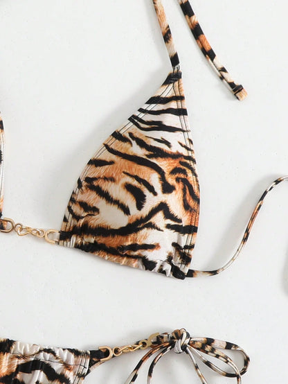 LUCKY HOLIDAY Fashionable Sexy Summer Beach Tie Strap Floral Print Triangle Bikini Swimwear Set Vacation