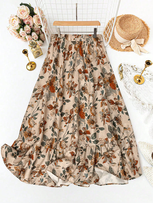 LUNE Beige Ruffle Hem Skirt, For Vacation, Summer,Casual Boho Picnic