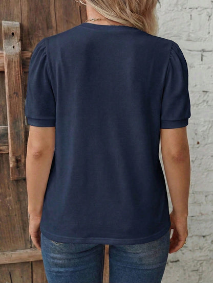 LUNE Casual Blue Retro Basic Bubble Short Sleeve Round Neck White Basic Plus Size T-Shirt
