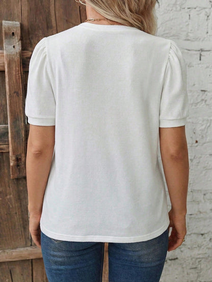 LUNE Casual Blue Retro Basic Bubble Short Sleeve Round Neck White Basic Plus Size T-Shirt