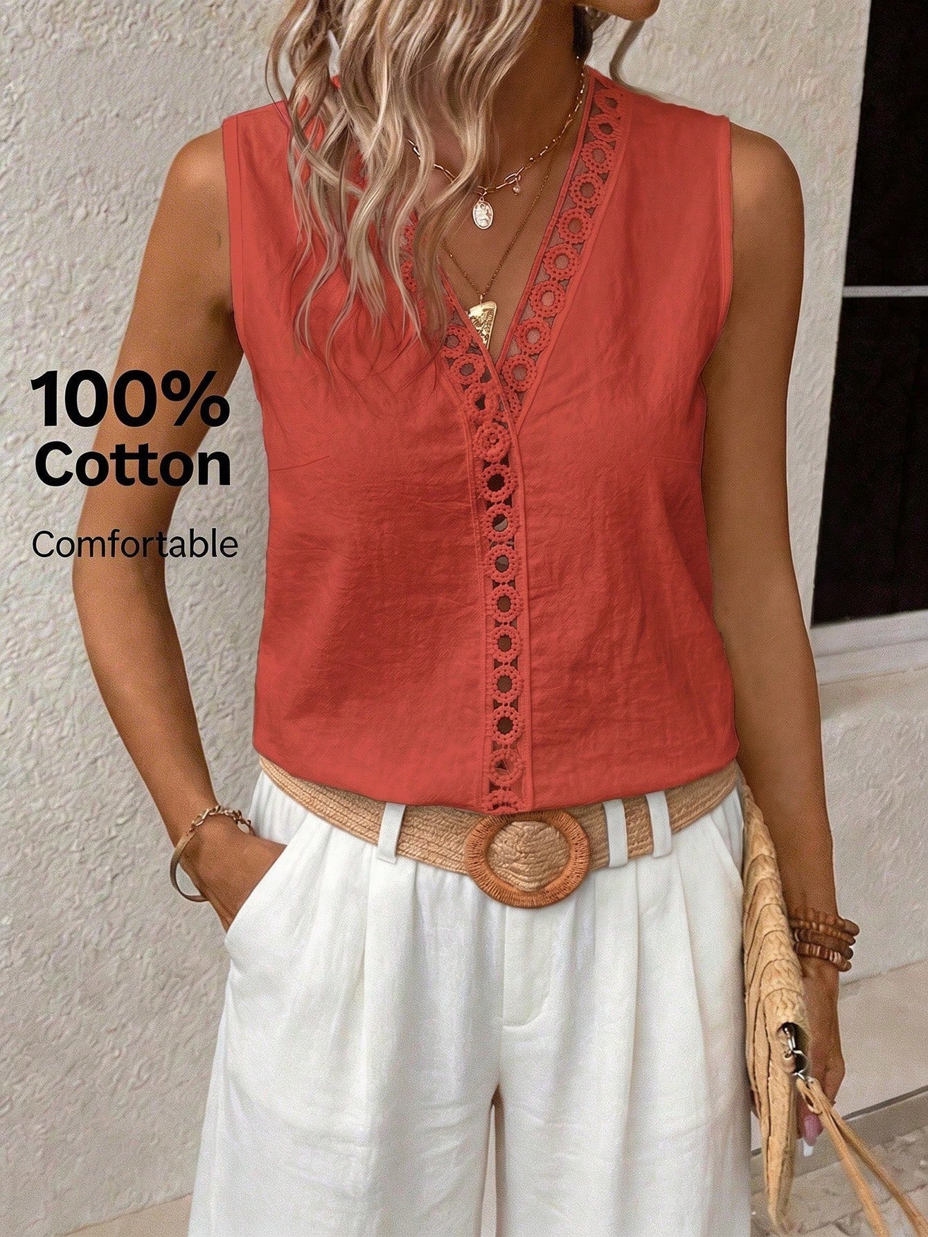 LUNE Guipure Lace Panel Sleeveless Blouse