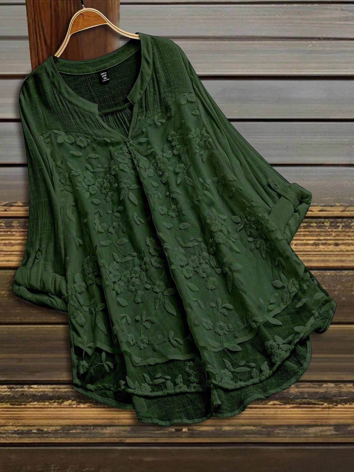 LUNE Plus Size Casual Solid Color Floral Embroidery Notched Neck Shirt Fall Cloth For Women