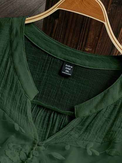 LUNE Plus Size Casual Solid Color Floral Embroidery Notched Neck Shirt Fall Cloth For Women