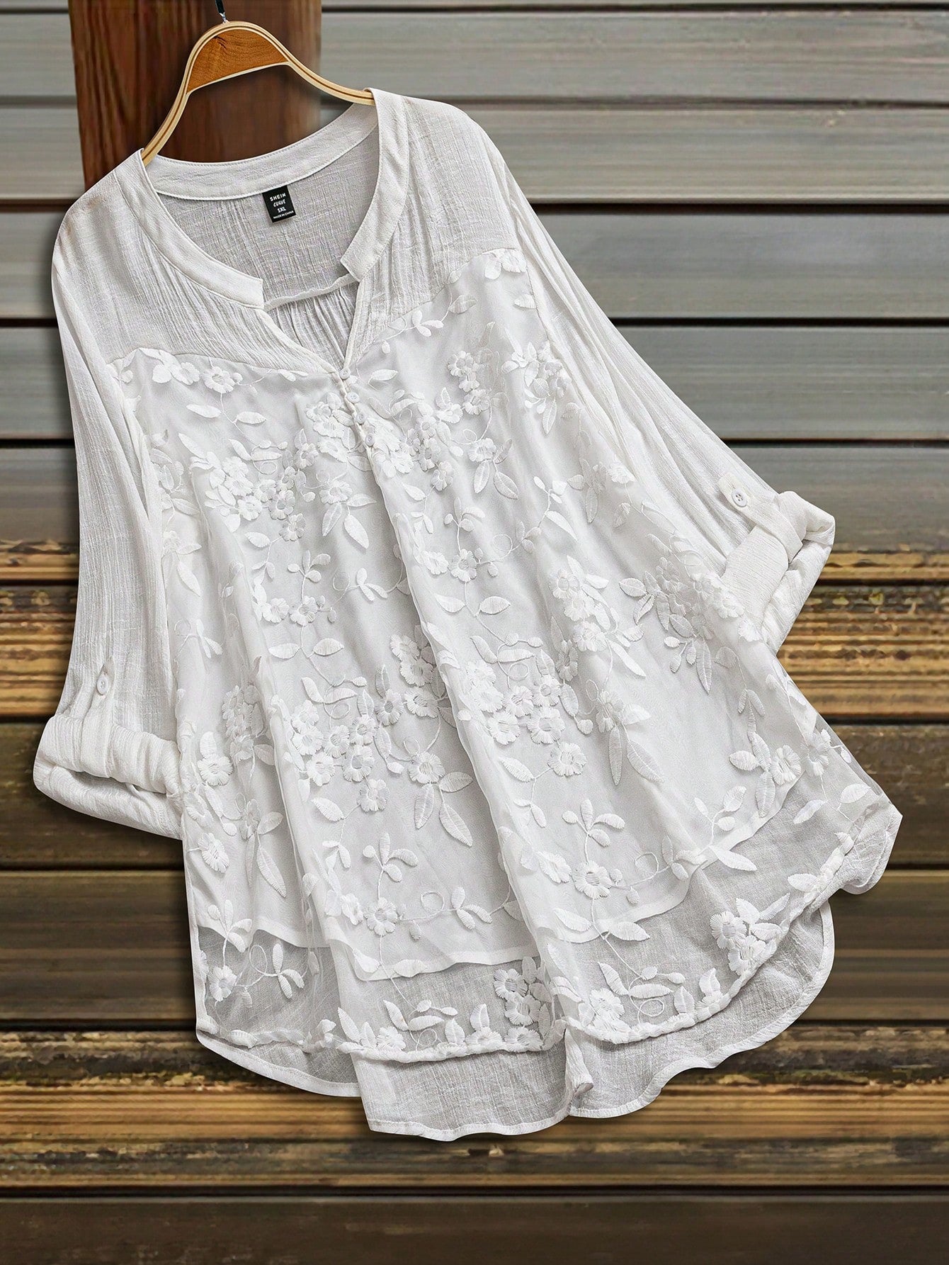 LUNE Plus Size Casual Solid Color Floral Embroidery Notched Neck Shirt Fall Cloth For Women