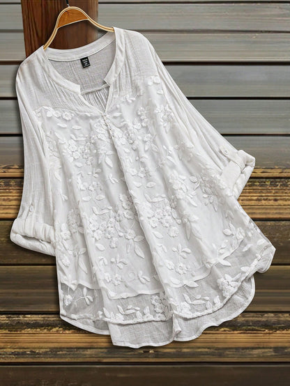 LUNE Plus Size Casual Solid Color Floral Embroidery Notched Neck Shirt Fall Cloth For Women