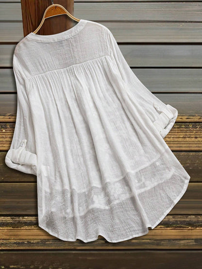 LUNE Plus Size Casual Solid Color Floral Embroidery Notched Neck Shirt Fall Cloth For Women