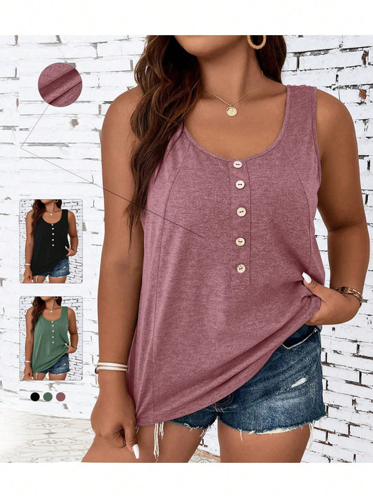 LUNE Plus Size Solid Color Button Detail Tank Top