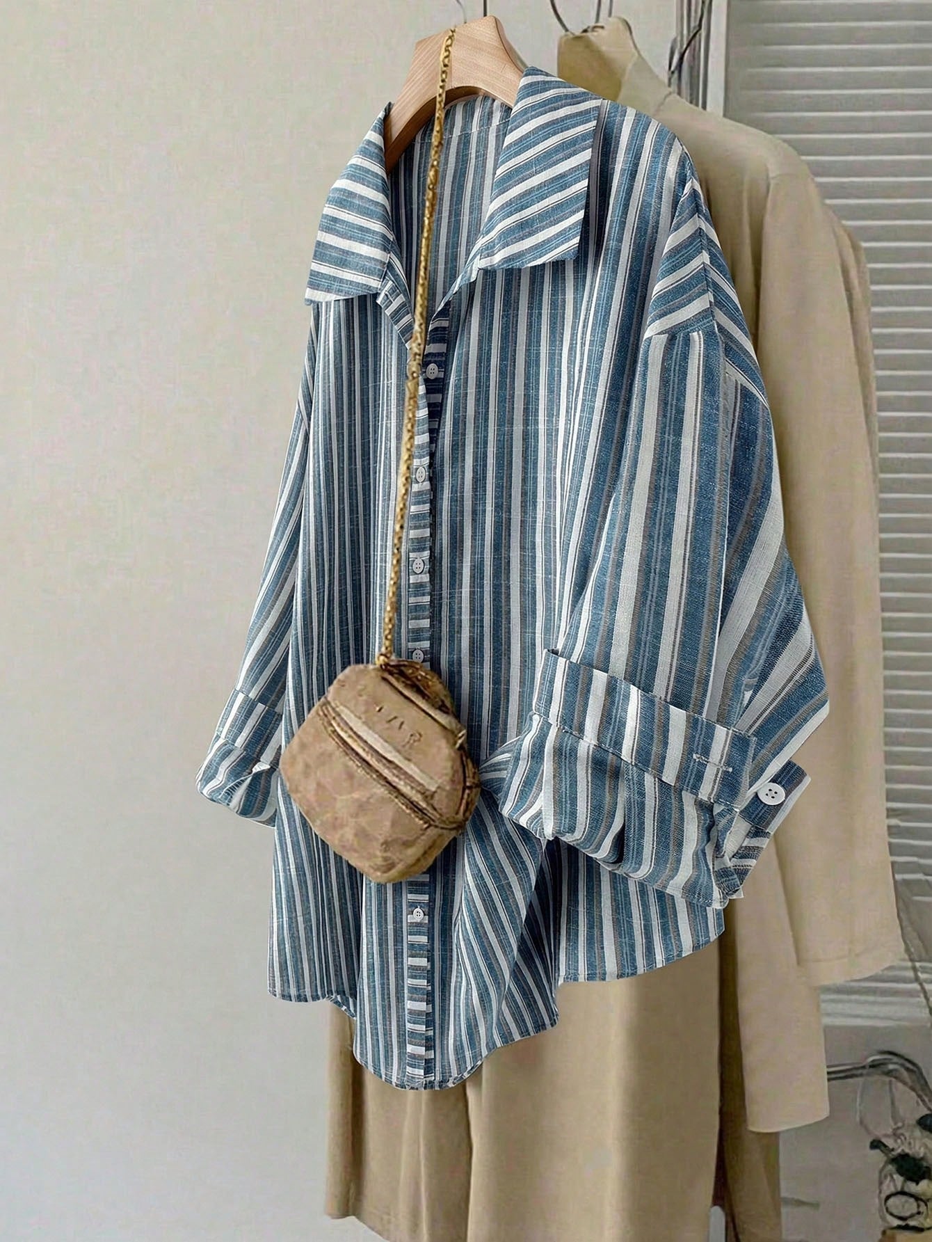 LUNE Plus Size Women's Light Blue Striped Shirt,Button Up Long Sleeve Blouse, Summer Smart Casual Office Work,Vintage Bohemian Fall