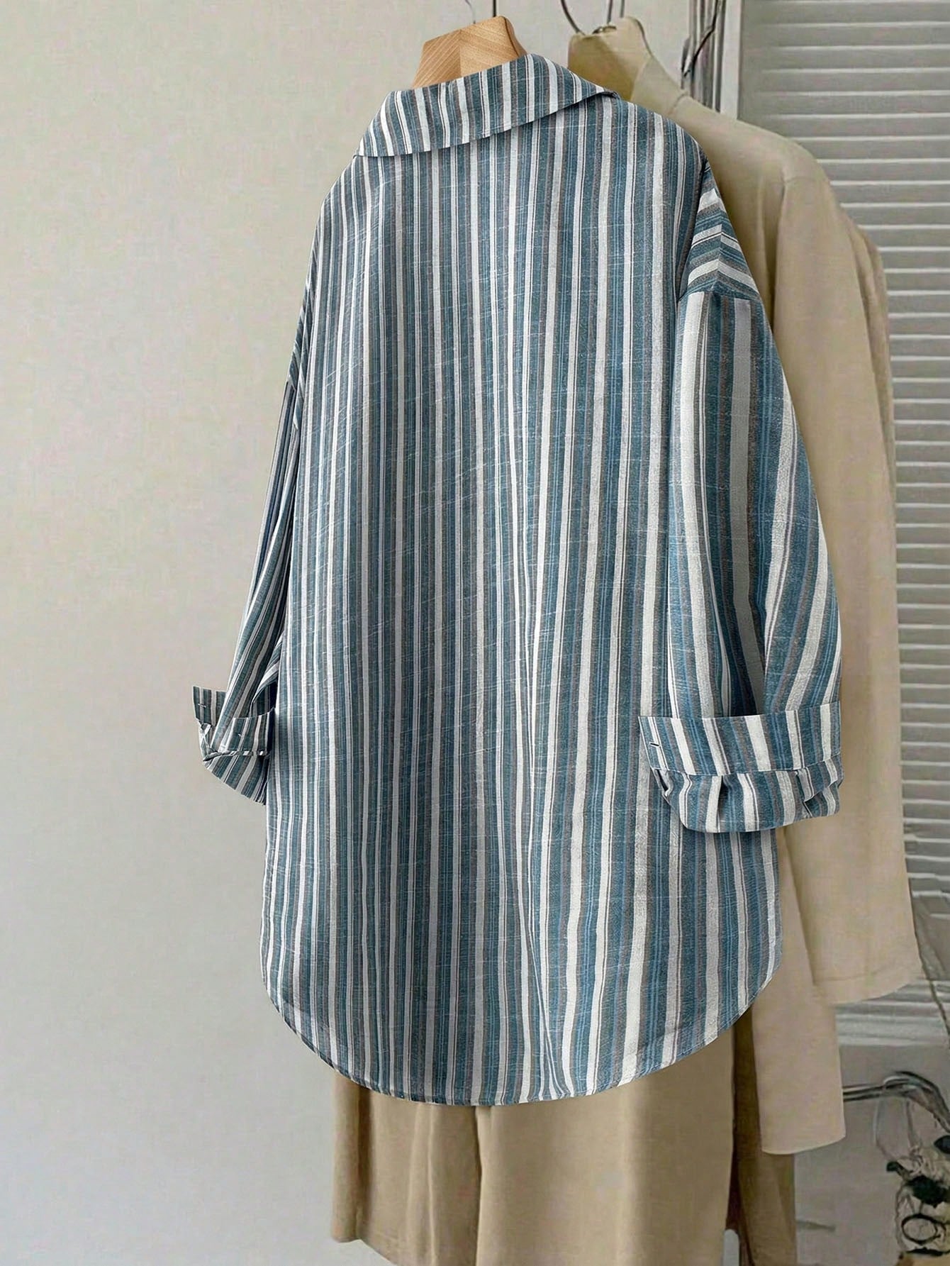 LUNE Plus Size Women's Light Blue Striped Shirt,Button Up Long Sleeve Blouse, Summer Smart Casual Office Work,Vintage Bohemian Fall