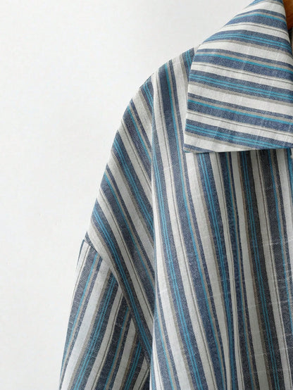 LUNE Plus Size Women's Light Blue Striped Shirt,Button Up Long Sleeve Blouse, Summer Smart Casual Office Work,Vintage Bohemian Fall