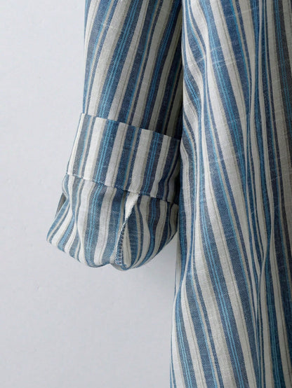 LUNE Plus Size Women's Light Blue Striped Shirt,Button Up Long Sleeve Blouse, Summer Smart Casual Office Work,Vintage Bohemian Fall