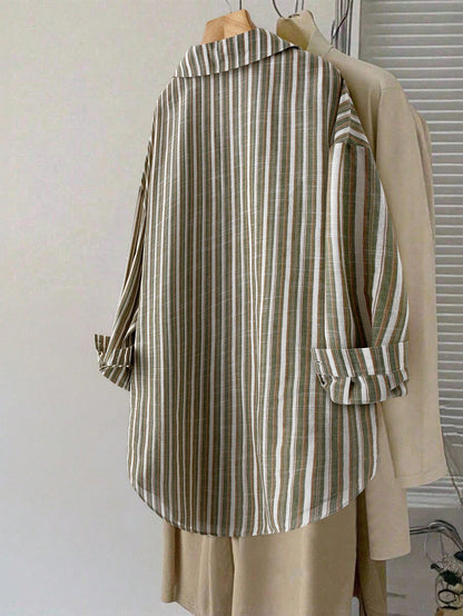 LUNE Plus Size Women's Light Blue Striped Shirt,Button Up Long Sleeve Blouse, Summer Smart Casual Office Work,Vintage Bohemian Fall