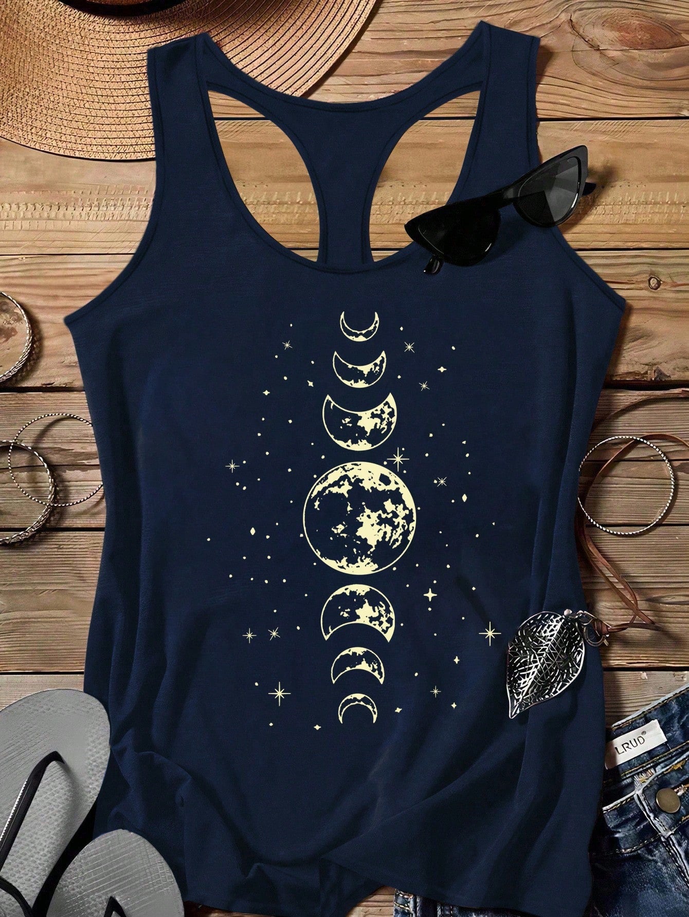 LUNE Plus Size Women Summer Casual Moon Print Tight Fitting Tank Top