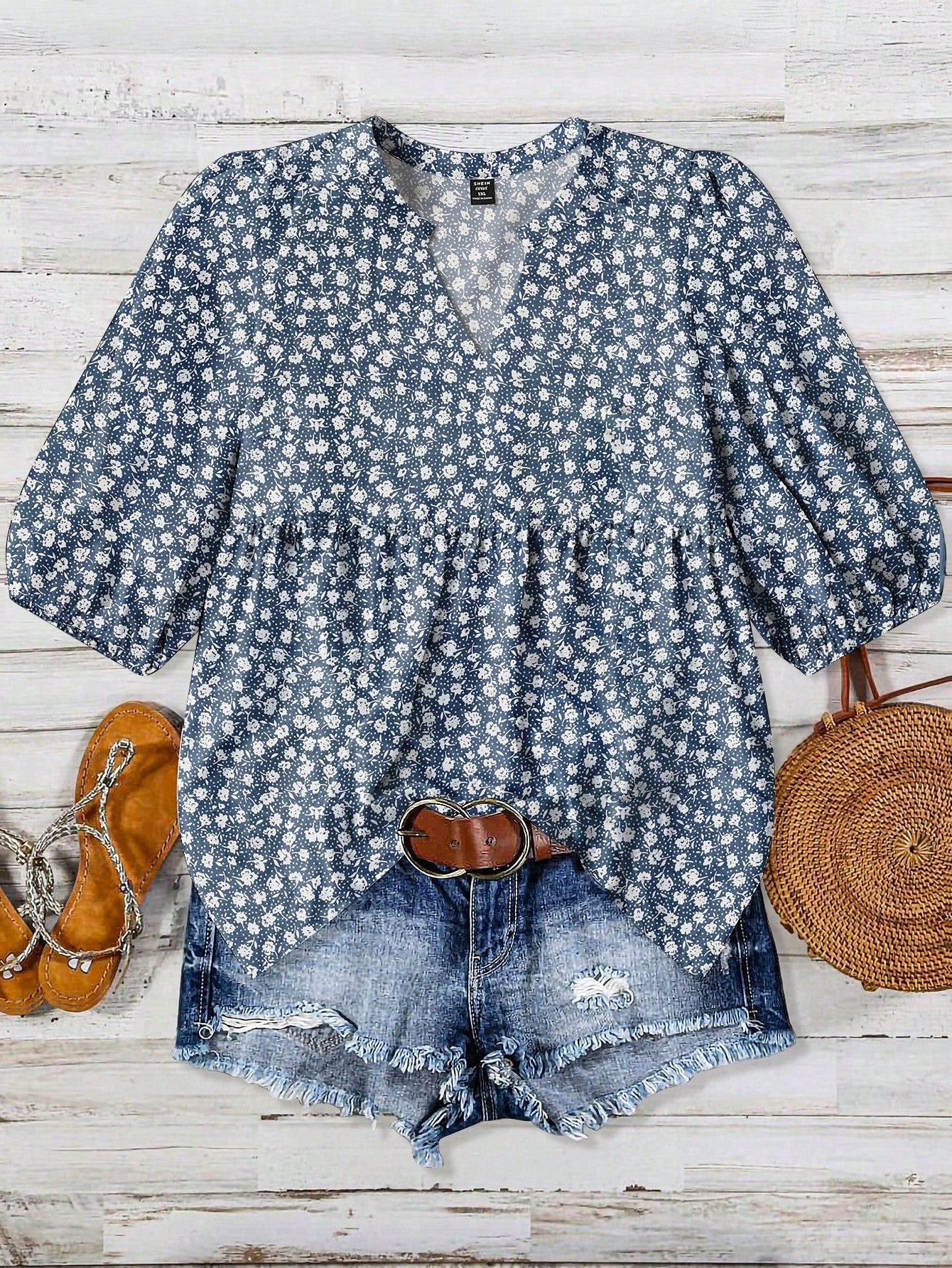 LUNE Plus Size Women V-Neck Printed Blouse, Summer Fall