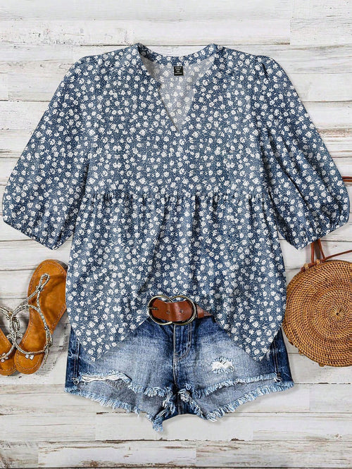 LUNE Plus Size Women V-Neck Printed Blouse, Summer Fall