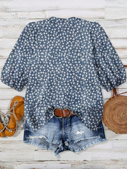 LUNE Plus Size Women V-Neck Printed Blouse, Summer Fall