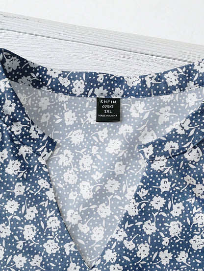 LUNE Plus Size Women V-Neck Printed Blouse, Summer Fall