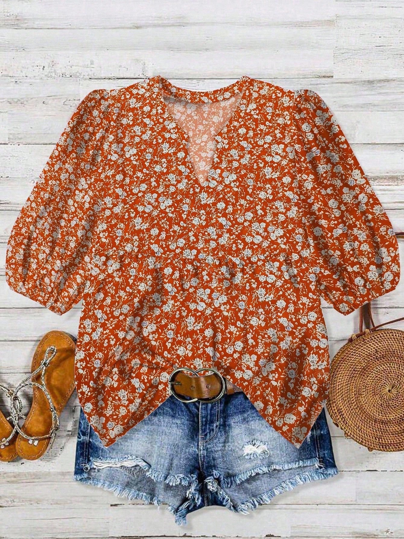 LUNE Plus Size Women V-Neck Printed Blouse, Summer Fall