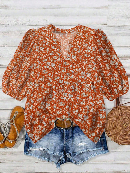 LUNE Plus Size Women V-Neck Printed Blouse, Summer Fall