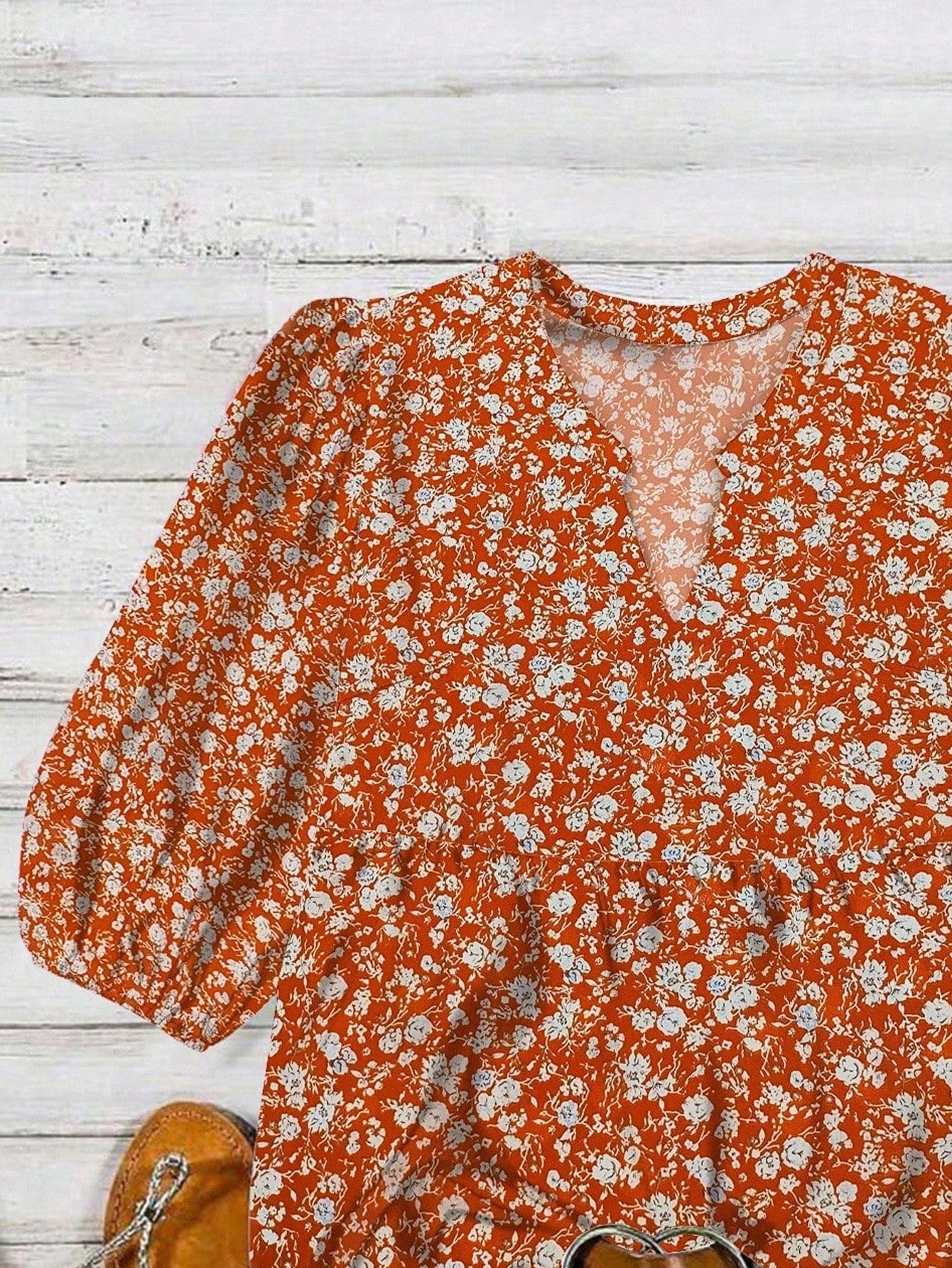 LUNE Plus Size Women V-Neck Printed Blouse, Summer Fall