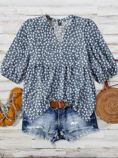 LUNE Plus Size Women V-Neck Printed Blouse, Summer Fall