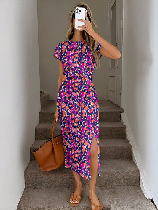 LUNE Printed Summer Casual Elegant Waist Twist High Slit Sleeveless Midi Dress Women's Casual Knit Textured Bodycon Dress Women's Birthday Outfit Women's Fitness Set Women's Wedding Guest Dress