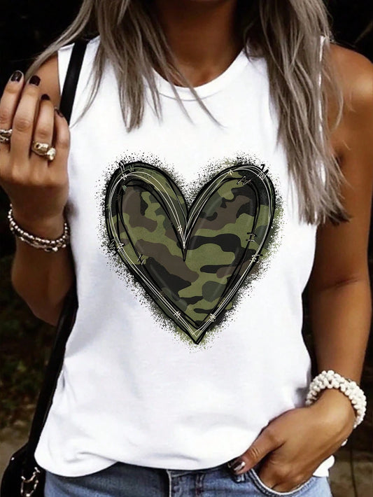LUNE Summer Casual Camouflage Heart Print Top