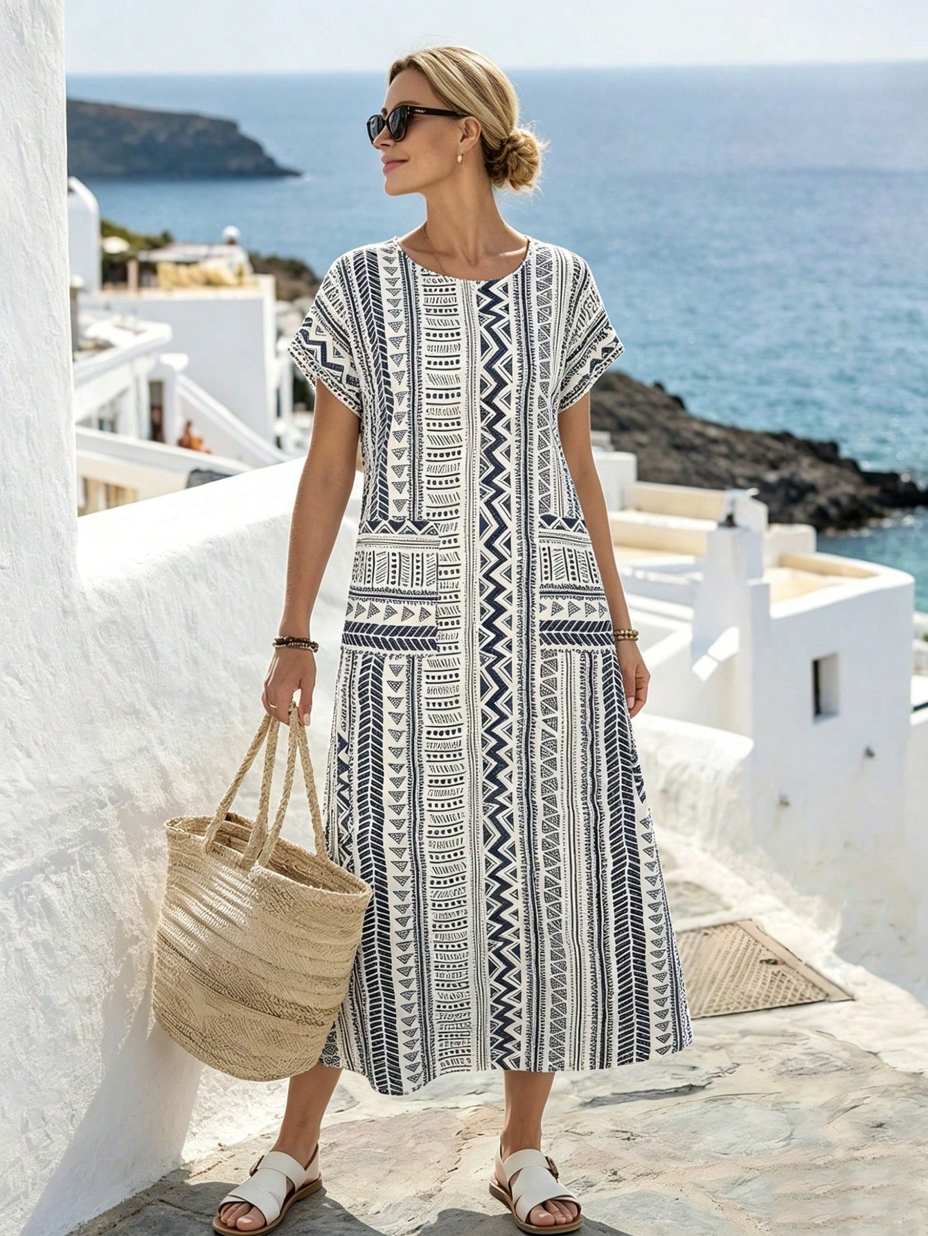 LUNE Women's Casual Sexy Tropical Holiday Geometric Print Long Dress,Summer Dresses For Women Vacation Beach Navy Blue And White