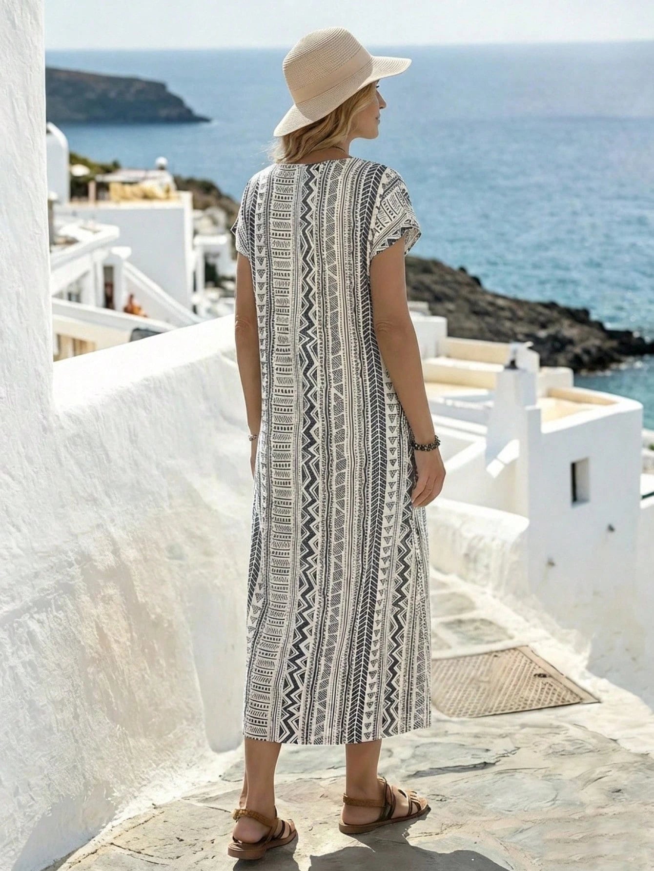 LUNE Women's Casual Sexy Tropical Holiday Geometric Print Long Dress,Summer Dresses For Women Vacation Beach Navy Blue And White