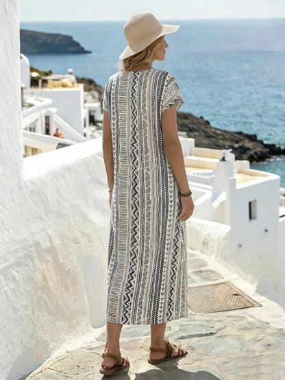 LUNE Women's Casual Sexy Tropical Holiday Geometric Print Long Dress,Summer Dresses For Women Vacation Beach Navy Blue And White