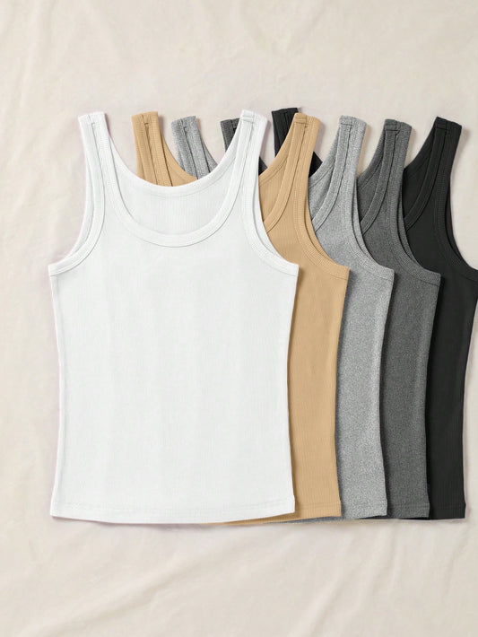 LUNE Women's Solid Color Scoop Neck Ribbed Knit Tank Top, Casual Basics For Summer, Basic Tops Daytime White