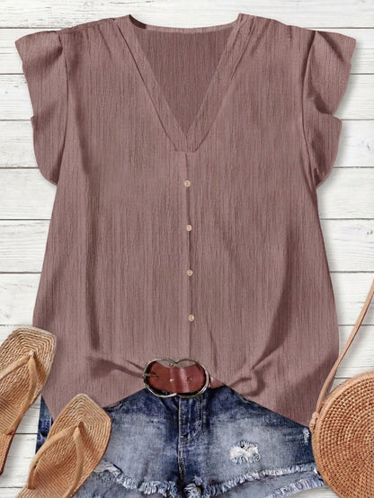 LUNE Women's Solid Color V-Neck Cap Sleeve Casual Blouse, Suitable For Summer,Summer Top