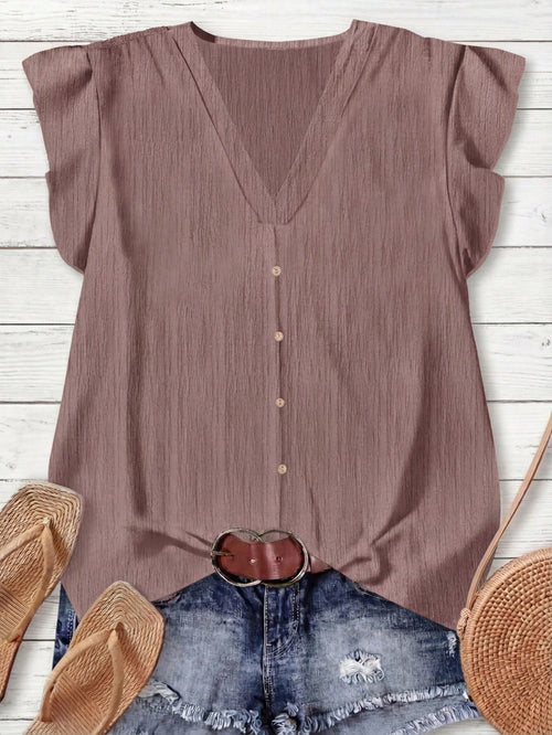 LUNE Women's Solid Color V-Neck Cap Sleeve Casual Blouse, Suitable For Summer,Summer Top