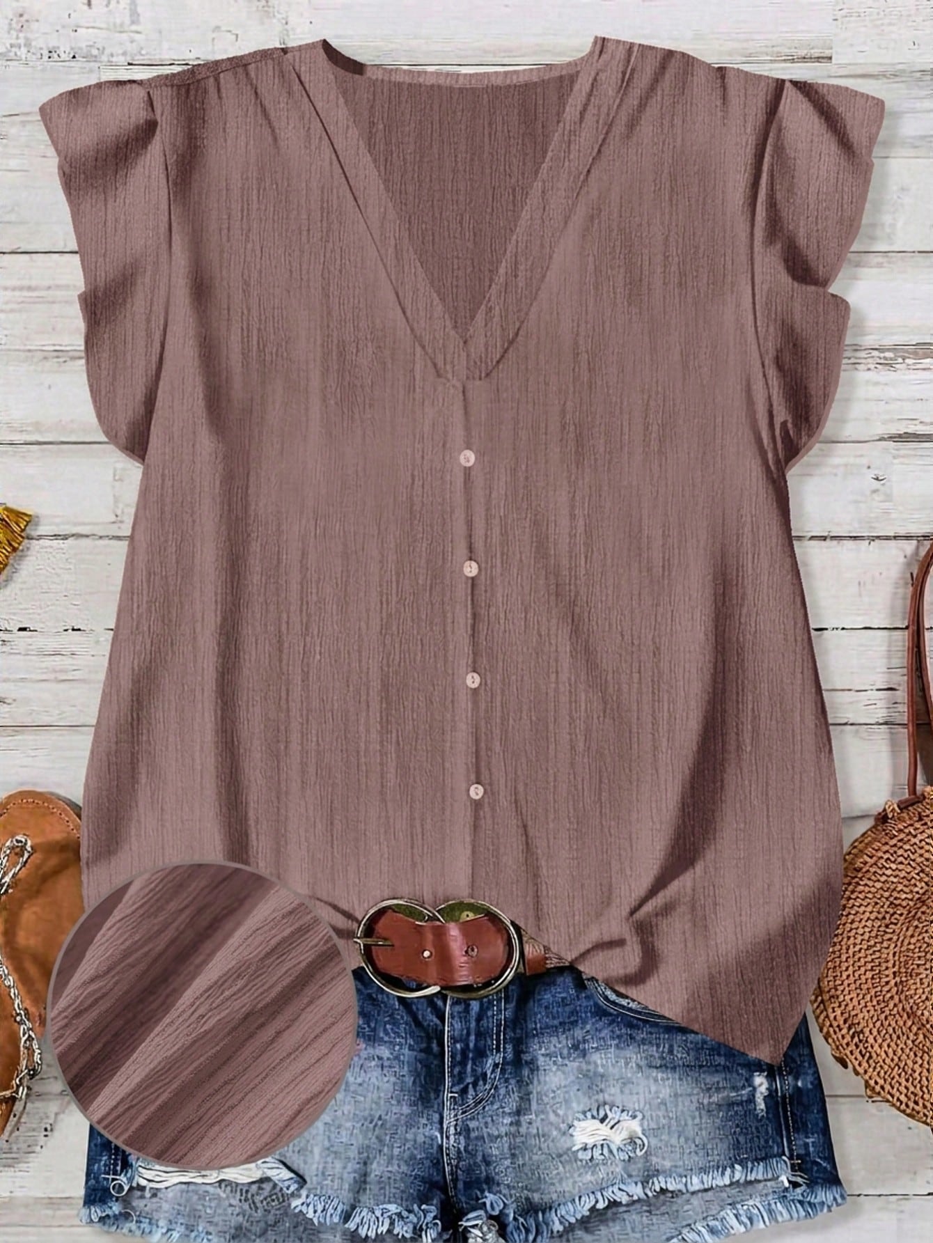 LUNE Women's Solid Color V-Neck Cap Sleeve Casual Blouse, Suitable For Summer,Summer Top