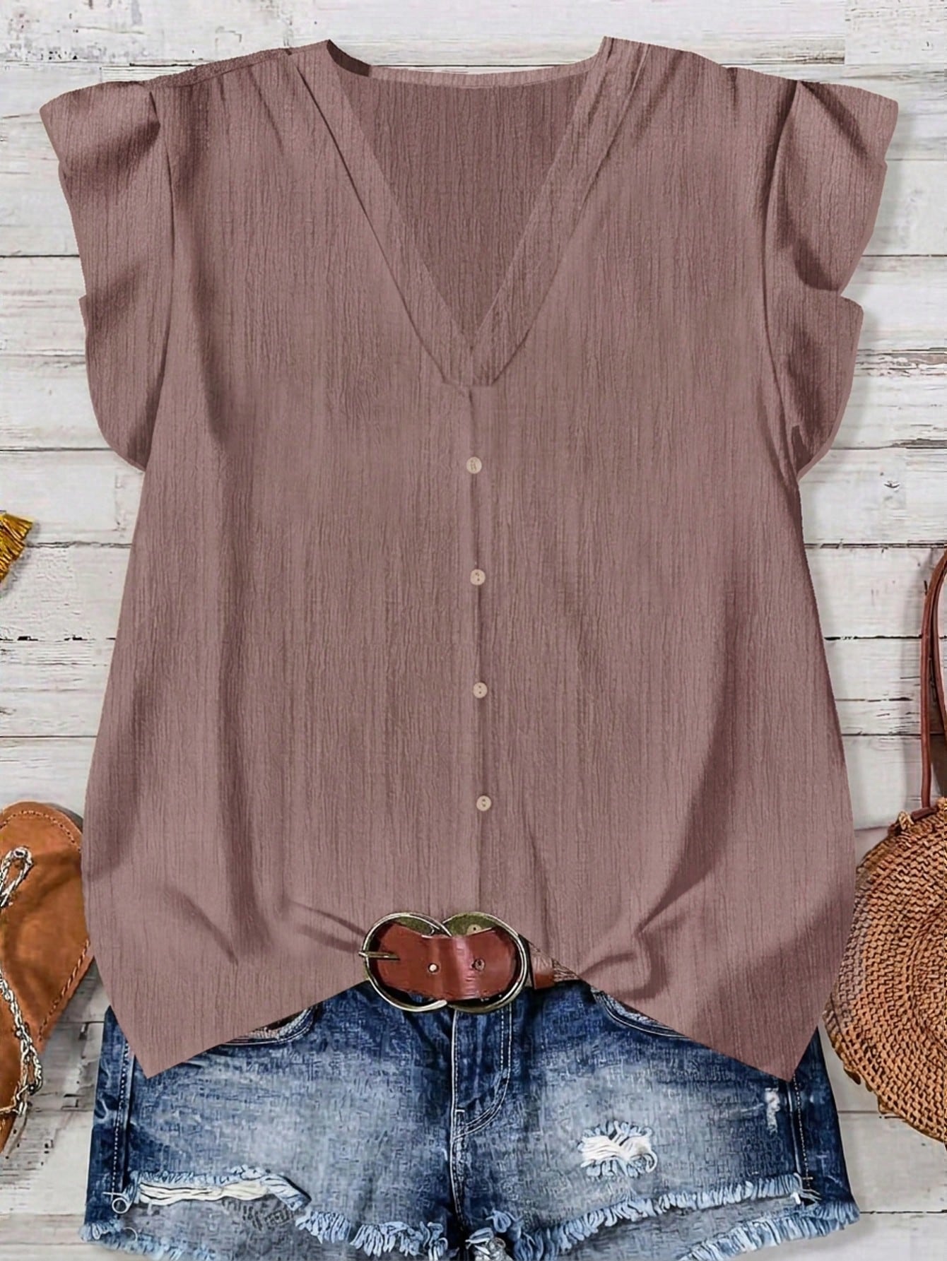 LUNE Women's Solid Color V-Neck Cap Sleeve Casual Blouse, Suitable For Summer,Summer Top