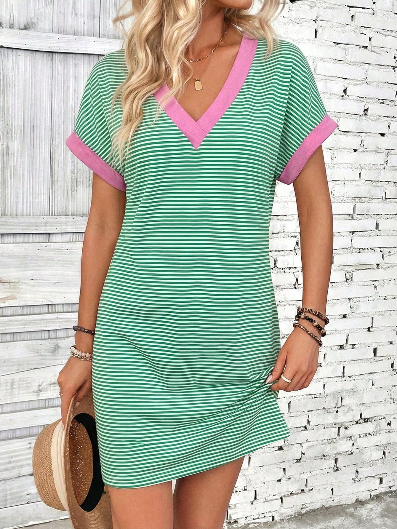 LUNE Women's Spring/Summer New Arrival Striped Colorblock Print V-Neck Short Sleeve Casual Versatile Dress