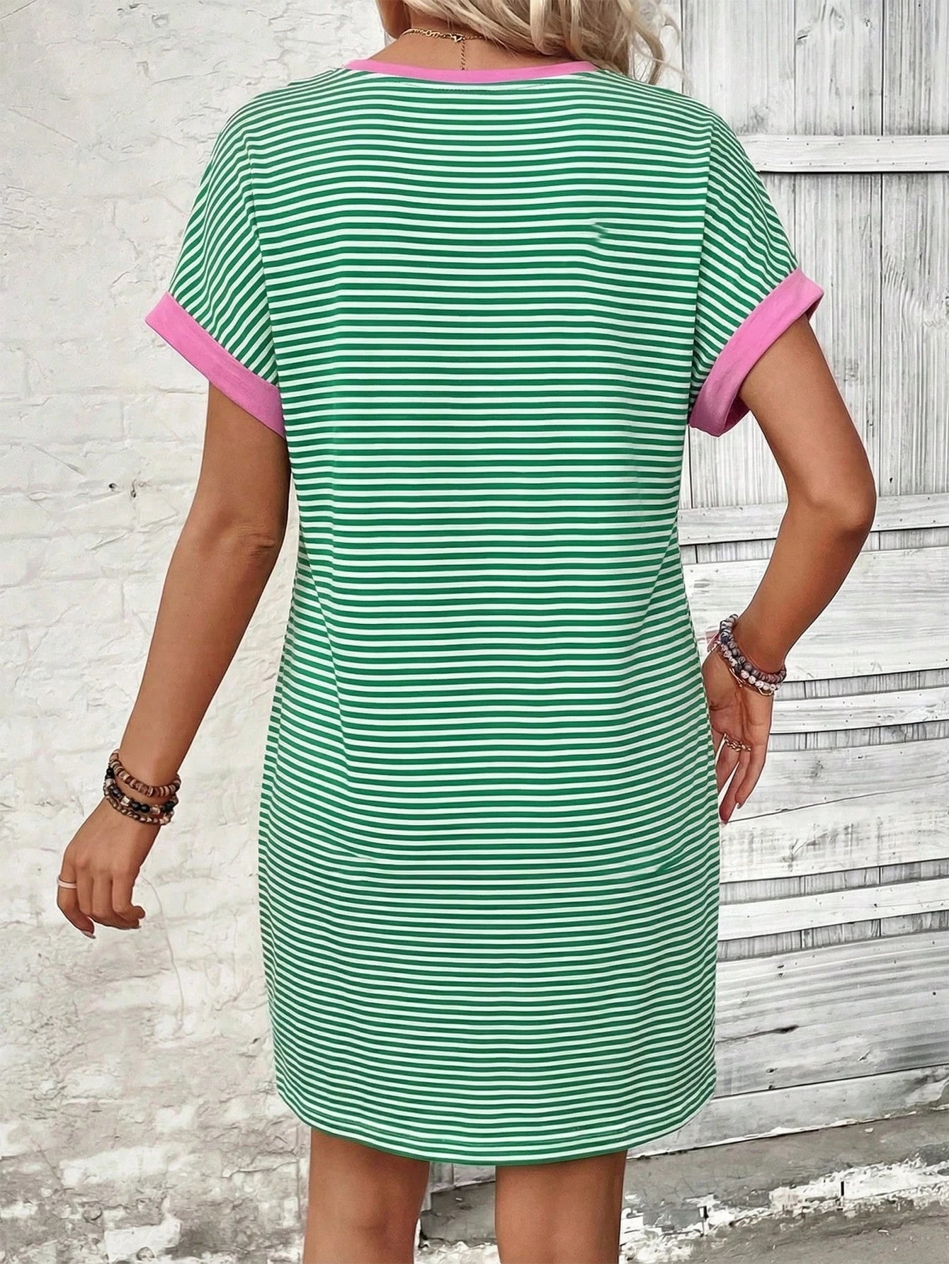 LUNE Women's Spring/Summer New Arrival Striped Colorblock Print V-Neck Short Sleeve Casual Versatile Dress