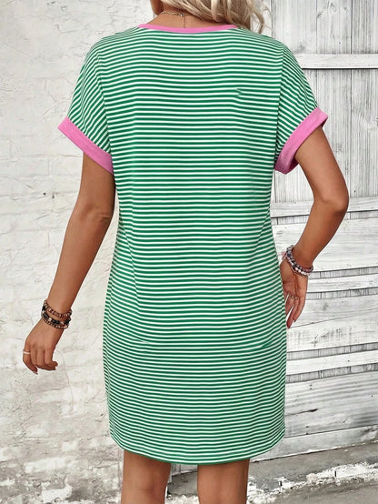 LUNE Women's Spring/Summer New Arrival Striped Colorblock Print V-Neck Short Sleeve Casual Versatile Dress