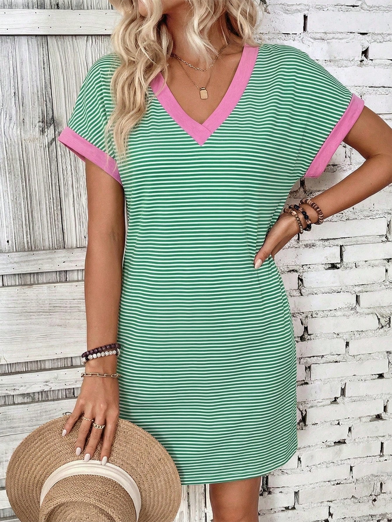 LUNE Women's Spring/Summer New Arrival Striped Colorblock Print V-Neck Short Sleeve Casual Versatile Dress