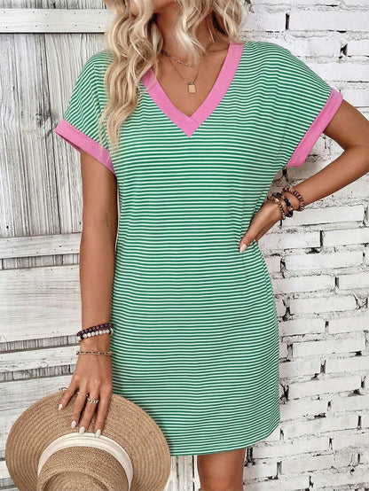 LUNE Women's Spring/Summer New Arrival Striped Colorblock Print V-Neck Short Sleeve Casual Versatile Dress