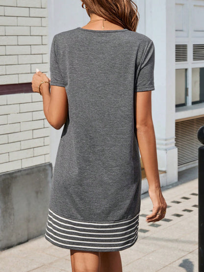 LUNE Women Striped Patchwork Round Neck Short Sleeve Casual Short Dress