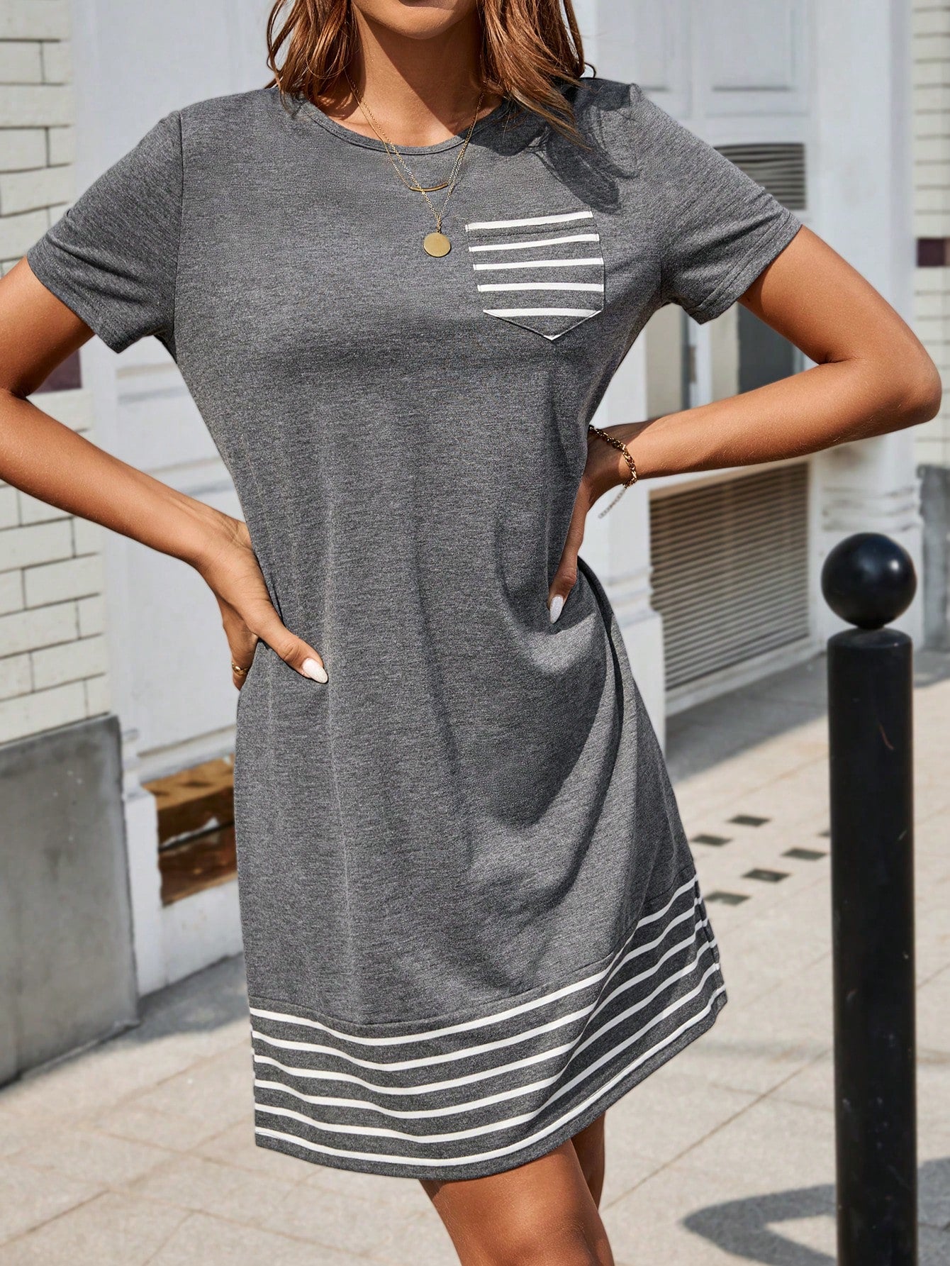 LUNE Women Striped Patchwork Round Neck Short Sleeve Casual Short Dress