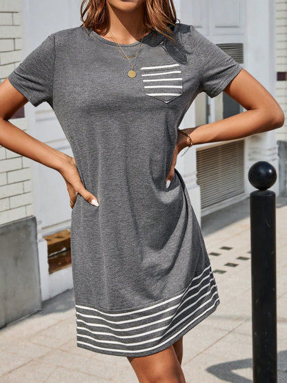 LUNE Women Striped Patchwork Round Neck Short Sleeve Casual Short Dress