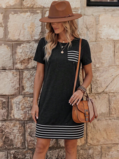 LUNE Women Striped Patchwork Round Neck Short Sleeve Casual Short Dress