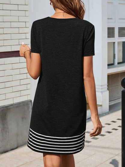 LUNE Women Striped Patchwork Round Neck Short Sleeve Casual Short Dress